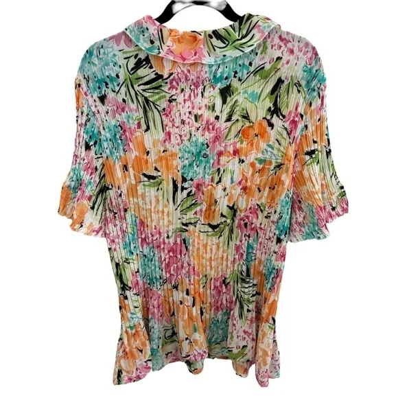 Sunny Taylor Plus Size Floral Pleated Short Sleeve Ruffle V-Neck Top Size 2X - Picture 2 of 5